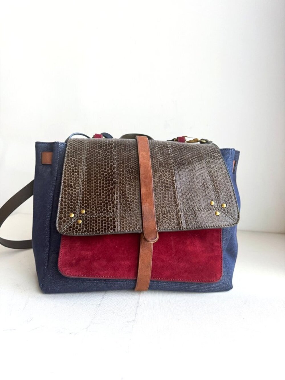 JEROME DREYFUSS Edouard handbag shoulder hand bag Suede Denim Snakeskin